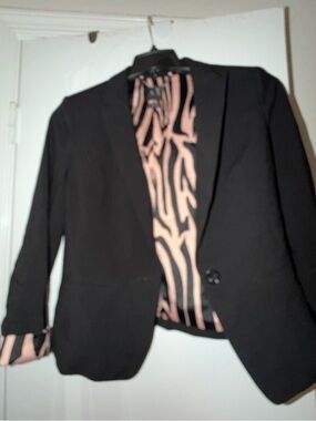 Armani Exchange Black Blazer with Pink Zebra Lining and matching mini skirt